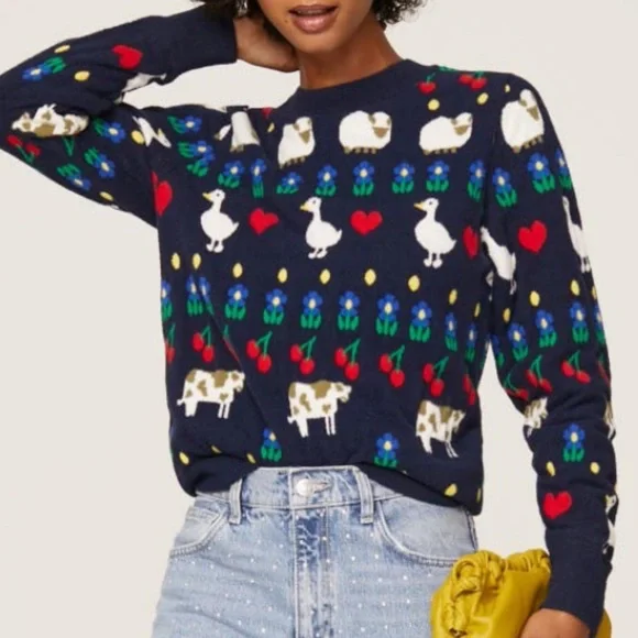 HVN Diana Fuzzy Brushed Intarsia Knit Animal Stripe Sweater - Picture 1 of 15